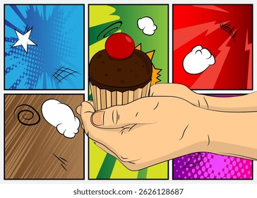 Cartoon, comic book human hands holding Cupcake. Retro vector comics pop art design.