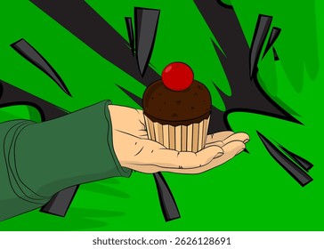 Cartoon, comic book human hands holding Cupcake. Retro vector comics pop art design.