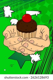 Cartoon, Comic-Buch menschliche Hände halten Cupcake. Retro Vektor Comics Pop Art Design.