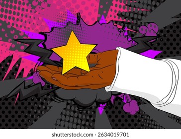 Desenhos animados, histórias em quadrinhos com mãos humanas segurando Star. Quadrinhos vetoriais retrô com design de arte pop.