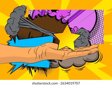 Cartoon, comic book human hands holding Star. Retro vector comics pop art design.