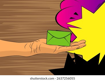 Cartoon, comic book human hands holding Letter Envelope. Retro vector comics pop art design.