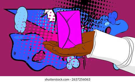 Cartoon, comic book human hands holding Letter Envelope. Retro vector comics pop art design.