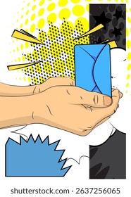 Cartoon, comic book human hands holding Letter Envelope. Retro vector comics pop art design.