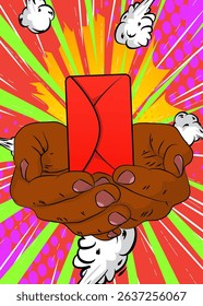 Cartoon, comic book human hands holding Letter Envelope. Retro vector comics pop art design.