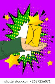 Cartoon, comic book human hands holding Letter Envelope. Retro vector comics pop art design.