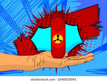 Cartoon, comic book human hands holding Missile bomb. Retro vector comics pop art design.