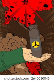 Cartoon, comic book human hands holding Missile bomb. Retro vector comics pop art design.