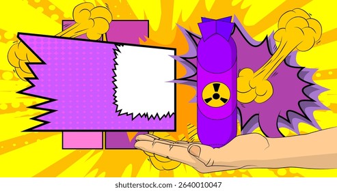 Cartoon, comic book human hands holding Missile bomb. Retro vector comics pop art design.