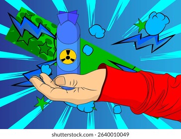 Cartoon, comic book human hands holding Missile bomb. Retro vector comics pop art design.