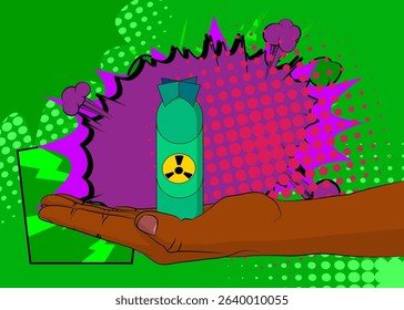 Cartoon, comic book human hands holding Missile bomb. Retro vector comics pop art design.