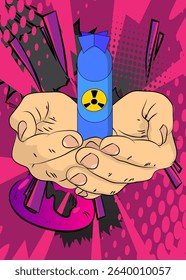 Cartoon, comic book human hands holding Missile bomb. Retro vector comics pop art design.