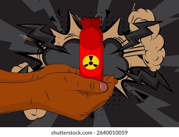 Cartoon, comic book human hands holding Missile bomb. Retro vector comics pop art design.