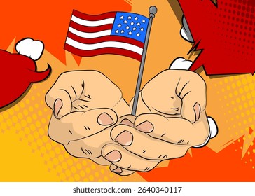 Cartoon, comic book human hands holding American Flag. Retro vector comics pop art design.