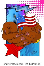 Cartoon, comic book human hands holding American Flag. Retro vector comics pop art design.