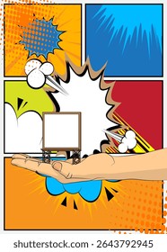 Dibujos animados, cómic manos humanas sosteniendo la cartelera. Diseño de arte pop de cómics de Vector retro.