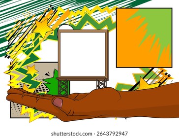 Cartum, quadrinhos com mãos humanas segurando Billboard. Quadrinhos vetoriais retrô com design de arte pop.