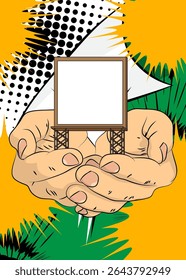 Cartoon, comic book human hands holding Billboard. Retro vector comics pop art design.