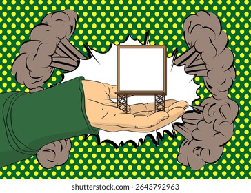 Cartum, quadrinhos com mãos humanas segurando Billboard. Quadrinhos vetoriais retrô com design de arte pop.