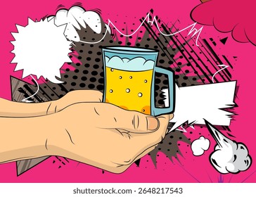 Cartoon, comic book human hands holding Beer glass. Retro vector comics pop art design.