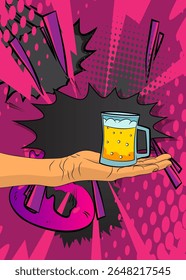 Cartoon, comic book human hands holding Beer glass. Retro vector comics pop art design.