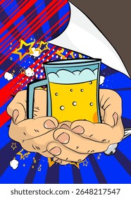 Cartoon, comic book human hands holding Beer glass. Retro vector comics pop art design.