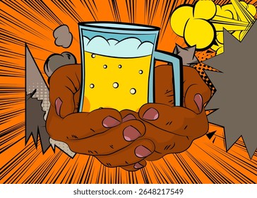 Cartoon, comic book human hands holding Beer glass. Retro vector comics pop art design.