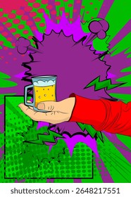 Cartoon, comic book human hands holding Beer glass. Retro vector comics pop art design.