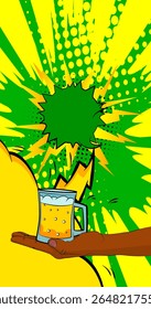 Cartoon, comic book human hands holding Beer glass. Retro vector comics pop art design.
