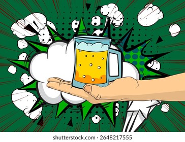Cartoon, comic book human hands holding Beer glass. Retro vector comics pop art design.
