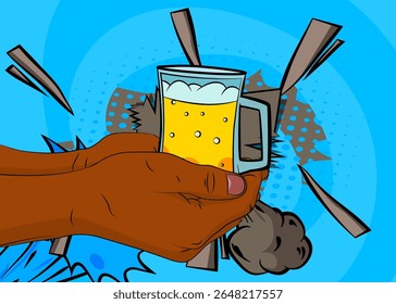 Cartoon, comic book human hands holding Beer glass. Retro vector comics pop art design.