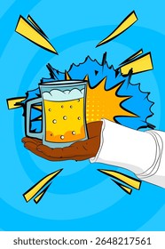 Cartoon, comic book human hands holding Beer glass. Retro vector comics pop art design.