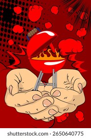 Cartum, história em quadrinhos com mãos humanas segurando madeira em churrasco. Quadrinhos vetoriais retrô com design de arte pop.