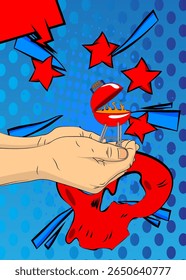 Cartum, história em quadrinhos com mãos humanas segurando madeira em churrasco. Quadrinhos vetoriais retrô com design de arte pop.