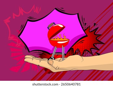 Cartum, história em quadrinhos com mãos humanas segurando madeira em churrasco. Quadrinhos vetoriais retrô com design de arte pop.