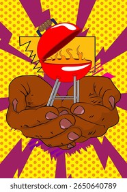 Cartoon, comic book human hands holding Burning wood in barbeque grill. Retro vector comics pop art design.