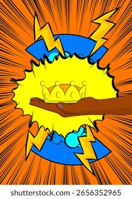 Cartoon, comic book human hands holding Crown. Retro vector comics pop art design.