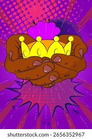 Dibujos animados, cómic manos humanas sosteniendo la corona. Diseño de arte pop de cómics de Vector retro.