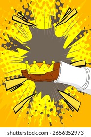 Dibujos animados, cómic manos humanas sosteniendo la corona. Diseño de arte pop de cómics de Vector retro.
