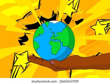 Cartoon, comic book human hands holding planet Earth. Retro vector comics pop art design.