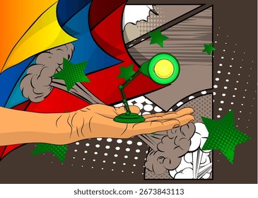 Dibujos animados, cómic manos humanas sosteniendo la lámpara de oficina. Diseño de arte pop de cómics de Vector retro.