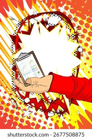 Cartoon, Comicbuch Menschenhände mit Geschäftsbericht. Retro Vektor Comics Pop Art Design.