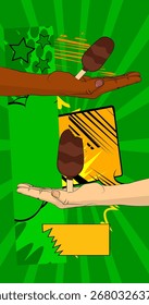 Desenho animado, história em quadrinhos com mãos humanas segurando Ice Cream. Quadrinhos vetoriais retrô com design de arte pop.