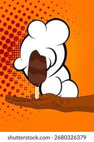 Cartoon, comic book human hands holding Ice Cream. Retro vector comics pop art design.