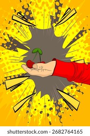 Cartoon, comic book human hands holding Cherry. Retro vector comics pop art design.