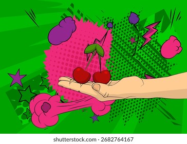 Cartoon, comic book human hands holding Cherry. Retro vector comics pop art design.