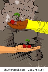 Cartoon, comic book human hands holding Cherry. Retro vector comics pop art design.