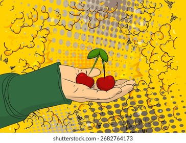 Cartoon, comic book human hands holding Cherry. Retro vector comics pop art design.