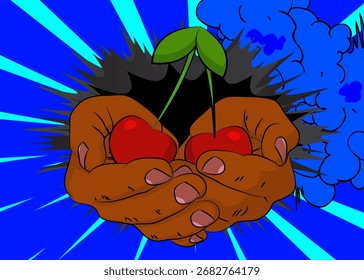 Cartoon, comic book human hands holding Cherry. Retro vector comics pop art design.