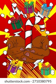 Cartoon, comic book human hands holding Gift Box and Candy cane. Retro vector comics pop art design.